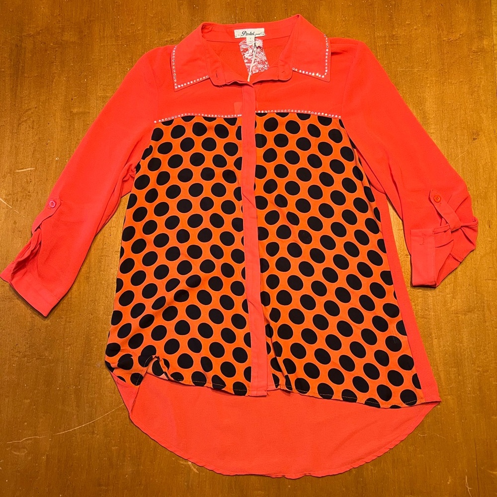 Pastel Orange and Black Polka Dot Blouse with Hidden Buttons and Sequin Collar